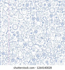 Kindergarten Vector seamless pattern with toys and items for education.