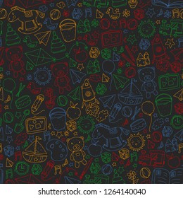 Kindergarten Vector seamless pattern with toys and items for education.