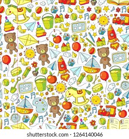 Kindergarten Vector seamless pattern with toys and items for education.