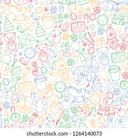 Kindergarten Vector seamless pattern with toys and items for education.