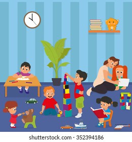 Kindergarten. young teacher teaches children in kindergarten. Vector illustration. 