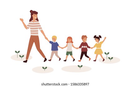 Kindergartener with children flat vector illustration. Female babysitter and kids cartoon characters playing outdoor. Preschool teacher with pupils outdoor isolated on white background.