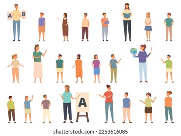 Kindergartener icons set cartoon vector. Teacher preschool. Woman child