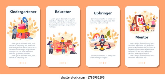 Kindergartener mobile application banner set. Professional nany and children doing different activity. Cute kid play with toy. Day care center, preschool education. Vector illustration