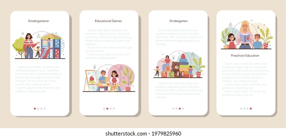 Kindergartener mobile application banner set. Professional nany and children doing different activities. Cute kid play with toys. Day care center, preschool education. Vector illustration