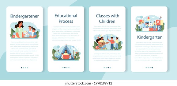 Kindergartener mobile application banner set. Professional nany and children doing different activities. Cute kid play with toys. Day care center, preschool education. Vector illustration