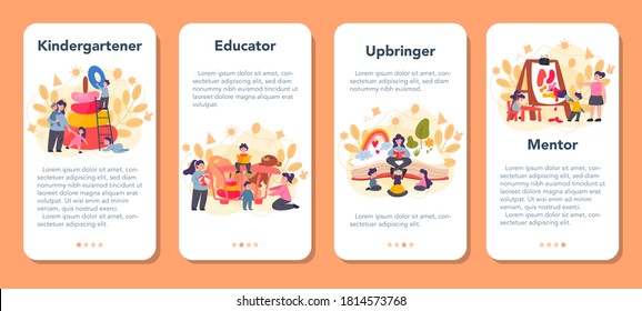 Kindergartener online service or platform. Professional nany and children. Online learning. Day care center, preschool education. Vector illustration