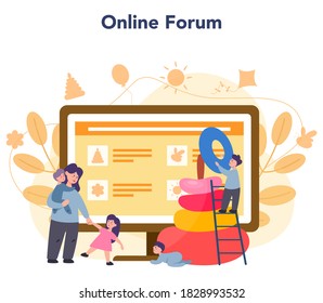 Kindergartener online service or platform. Professional nany and children. Online forum. Day care center, preschool education. Vector illustration