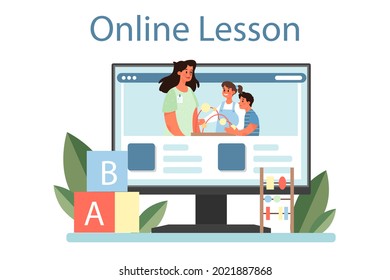 Servicio o plataforma online de kindergartner. Nany profesional y niños. Guardería, educación preescolar. Lección en línea. Ilustración del vector