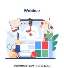 Kindergartener online service or platform set. Professional nany and children doing different creative activity. Day care center. Online webinar. Vector illustration