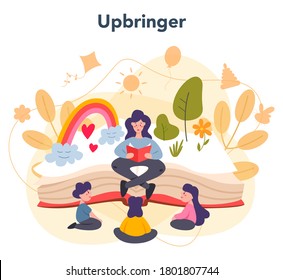 Kindergartener. Professional nany and children doing different activity. Cute kid play with toy. Day care center, preschool education. Vector illustration