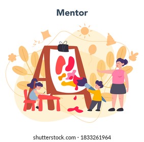 Kindergartener. Professional nany and children doing different activity. Cute kid play with toy. Day care center, preschool education. Vector illustration