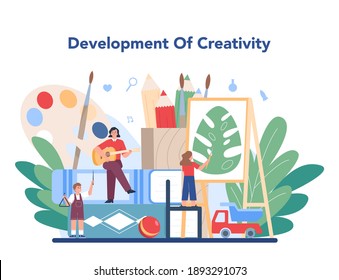 Kindergartener. Professional nany and children doing different creative activity. Cute kid play with toy. Day care center, preschool education. Vector illustration