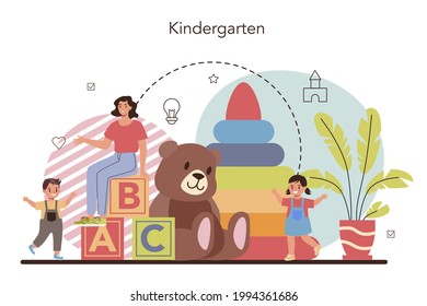 Kindergartener. Professional nany and children doing different activities. Cute kid play with toys. Day care center, preschool education. Vector illustration