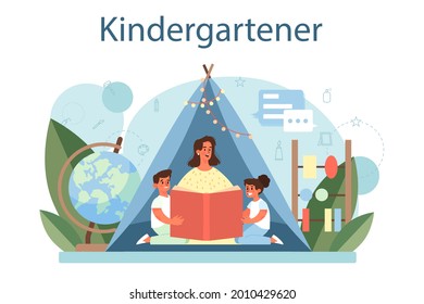 Kindergartener. Professional nany and children doing different activities. Cute kid play with toys. Day care center, preschool education. Vector illustration