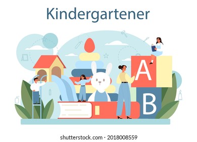 Kindergartener. Professional nany and children doing different activities. Cute kid play with toys. Day care center, preschool education. Vector illustration