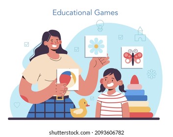 Jardines de infancia. Nany profesional y niños jugando juguetes y juegos educativos. Guardería, educación preescolar. Ilustración plana del vector