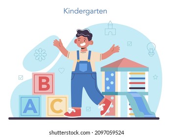 Jardines de infancia. Nany profesional y niños jugando juguetes y juegos educativos. Guardería, educación preescolar. Ilustración plana del vector