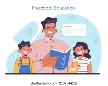 Kindergartener. Professional nany and children playing toys and educational games. Day care center, preschool education. Vector flat illustration