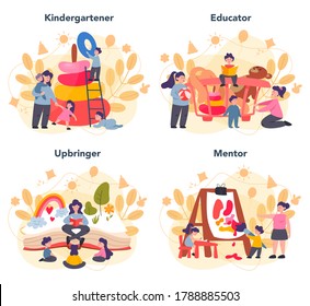 Kindergartener set. Professional nany and children doing different activity. Cute kid play with toy. Day care center, preschool education. Vector illustration