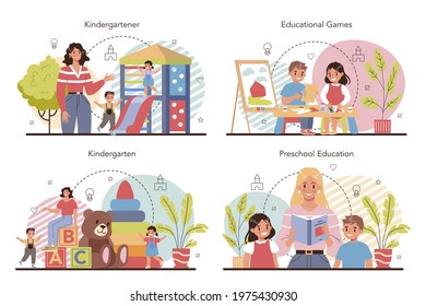 Kindergartener set. Professional nany and children doing different activities. Cute kid play with toys. Day care center, preschool education. Vector illustration