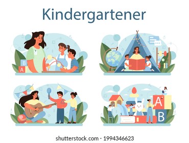 Kindergartener set. Professional nany and children doing different activities. Cute kid play with toys. Day care center, preschool education. Vector illustration