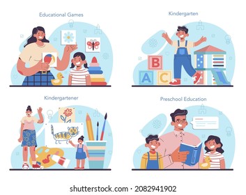 Kindergartener set. Professional nany and children playing toys and educational games. Day care center, preschool education. Vector flat illustration