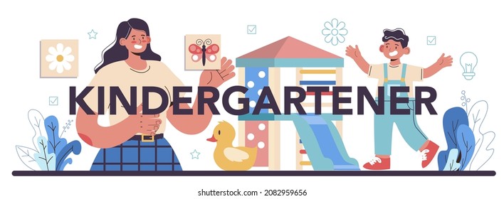 Encabezado tipográfico de kindergartner. Nany profesional y niños jugando juguetes y juegos educativos. Guardería, educación preescolar. Ilustración plana del vector