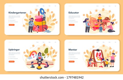 Kindergartener web banner or landing page set. Professional nany and children doing different activity. Cute kid play with toy. Day care center, preschool education. Vector illustration