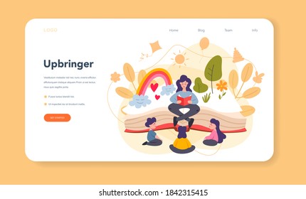 Kindergartener web banner or landing page. Professional nany and children doing different activity. Cute kid play with toy. Day care center, preschool education. Vector illustration