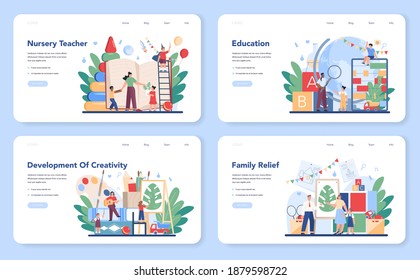 Kindergartener web banner or landing page set. Professional nany and children doing different creative activity. Cute kid play with toy. Day care center, preschool education. Vector illustration