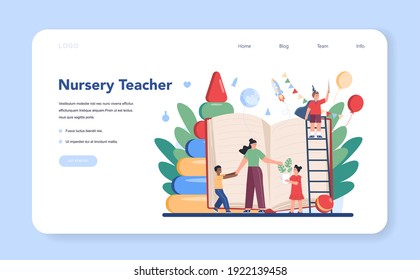 Kindergartener web banner or landing page. Professional nany and children doing different creative activity. Cute kid play with toy. Day care center, preschool education. Vector illustration