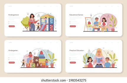 Kindergartener web banner or landing page set. Professional nany and children doing different activities. Cute kid play with toys. Day care center, preschool education. Vector illustration