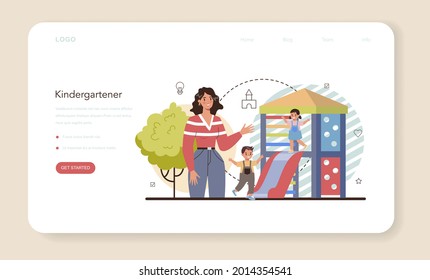 Banner web o página de inicio de Kindergartner. Profesional y niños que realizan diferentes actividades. Un chico lindo juega con juguetes. Guardería, educación preescolar. Ilustración del vector