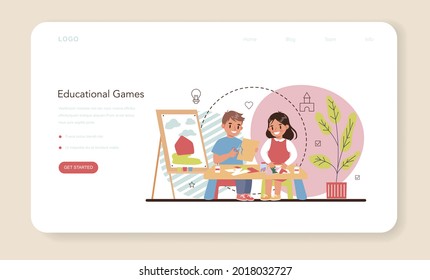 Banner web o página de inicio de Kindergartner. Profesional y niños que realizan diferentes actividades. Los niños se divierten en juegos educativos. Guardería, educación preescolar. Ilustración del vector