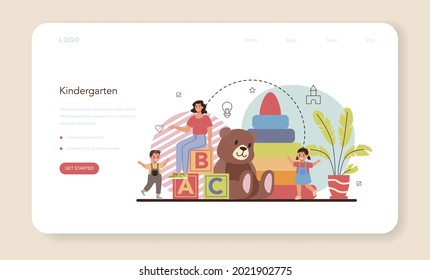 Kindergartener web banner or landing page. Professional nany and children doing different activities. Cute kid play with toys. Day care center, preschool education. Vector illustration