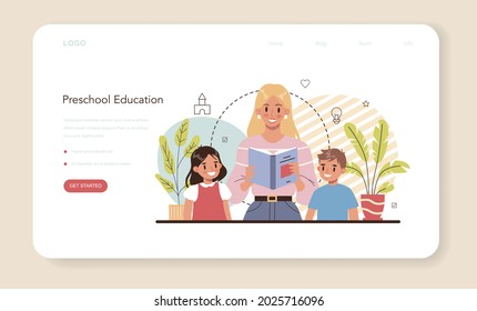 Banner web o página de inicio de Kindergartner. Profesional y niños que realizan diferentes actividades. Un chico lindo juega con juguetes. Guardería, educación preescolar. Ilustración del vector