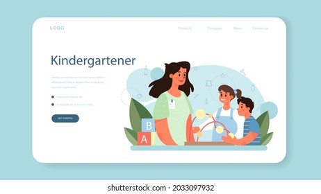 Kindergartener web banner or landing page. Professional nany and children doing different activities. Cute kid play with toys. Day care center, preschool education. Vector illustration