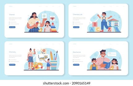 Kindergartener web banner or landing page set. Professional nany and children playing toys and educational games. Day care center, preschool education. Vector flat illustration