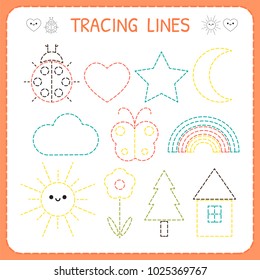 Kindergartens educational game for kids. Preschool tracing worksheet for practicing motor skills. Dashed lines. Vector illustration