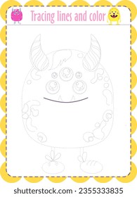 Kindergartens educational game for kids. Preschool tracing  lines and color  worksheet for practicing motor skills cartoon monster. Dashed lines. for  inspiration activities preschool  basic fun game 