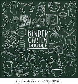 Kindertgarten Baby Education. Chalkboard Doodle Icons. Sketch Hand Made Design Vector Art.