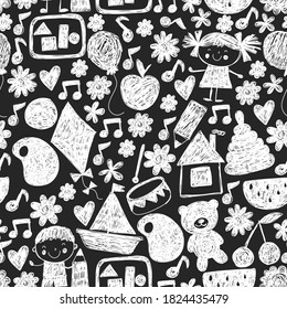 Kindgergarten vector pattern. Kids drawing style. Children play and grow, creativity and imagination. School student.