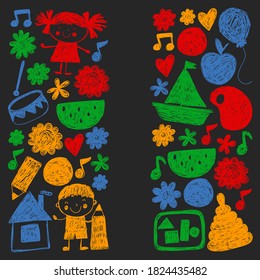Kindgergarten vector pattern. Kids drawing style. Children play and grow, creativity and imagination. School student.