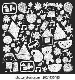 Kindgergarten vector pattern. Kids drawing style. Children play and grow, creativity and imagination. School student.