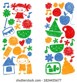 Patrón vectorial de Kindgergarten. Estilo de dibujo infantil. Los niños juegan y crecen, creatividad e imaginación. Estudiante escolar.