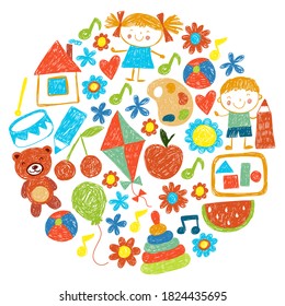 Kindgergarten vector pattern. Kids drawing style. Children play and grow, creativity and imagination. School student.