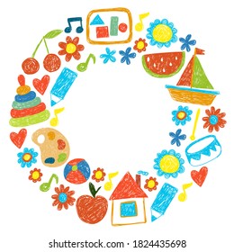 Kindgergarten vector pattern. Kids drawing style. Children play and grow, creativity and imagination. School student.