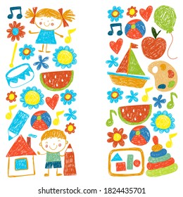 Kindgergarten vector pattern. Kids drawing style. Children play and grow, creativity and imagination. School student.