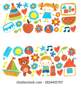 Kindgergarten vector pattern. Kids drawing style. Children play and grow, creativity and imagination. School student.